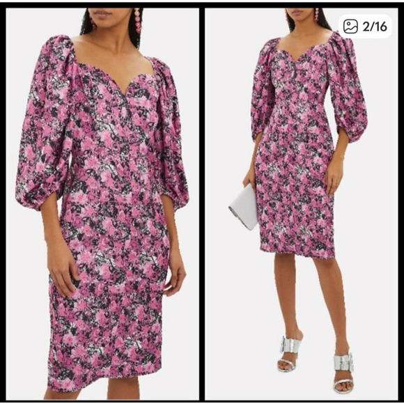 Rotate Birger Christensen Midi Dress Floral Puff Sleeve Irina 8 Retails $500 - Picture 2 of 15